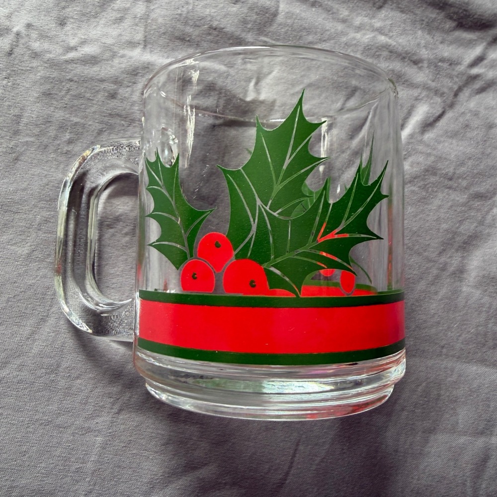 Vintage Libbey Glass Christmas Mug Holly Berry Holiday Coffee Cup Clear Red